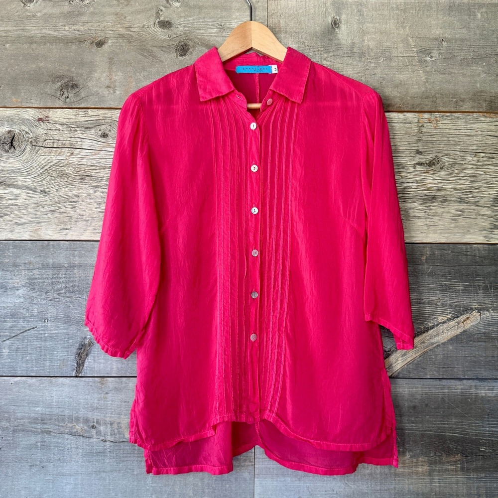 Johnny Was Sheer Silk Pintuck Button Up Blouse M Fuchsia Feminine Boho Designer